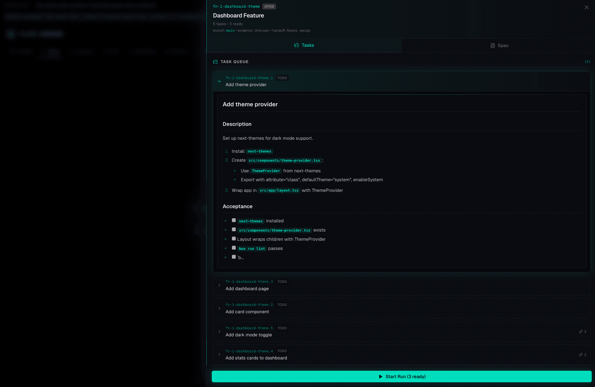 Task detail with structured spec and acceptance criteria