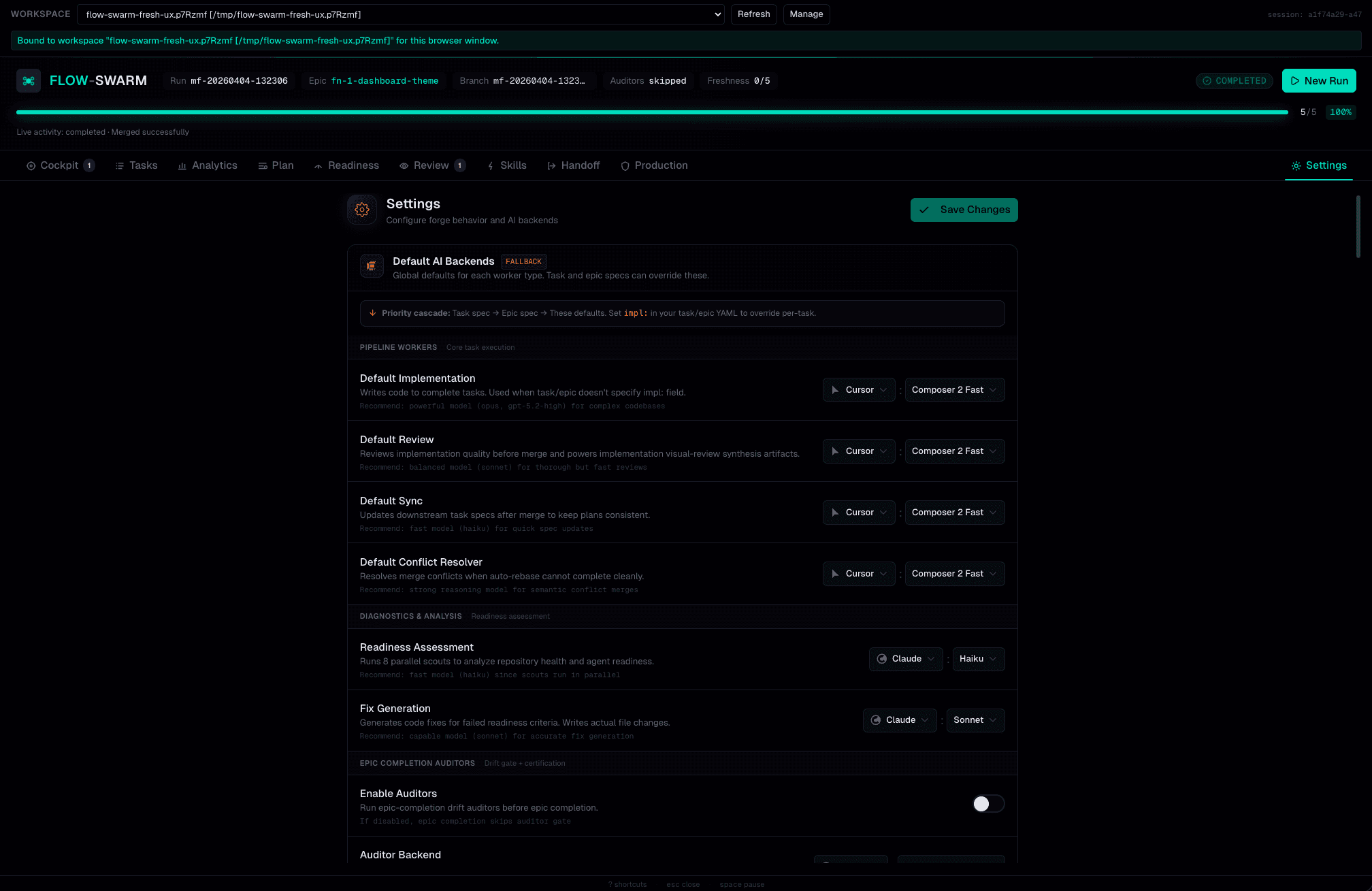 Backend configuration showing different models assigned to different pipeline stages via harness adapters